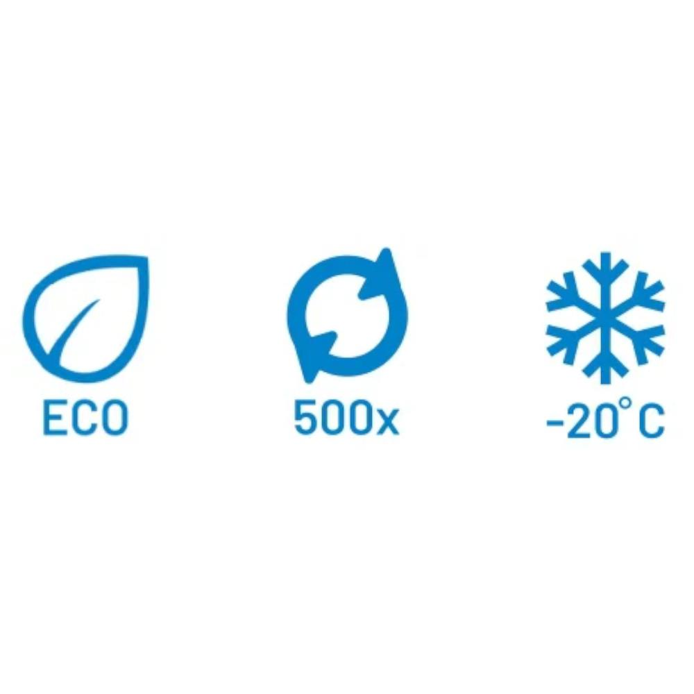 Ikona liścia 'ECO', ikona koła '500x', płatek śniegu '-20°C'.