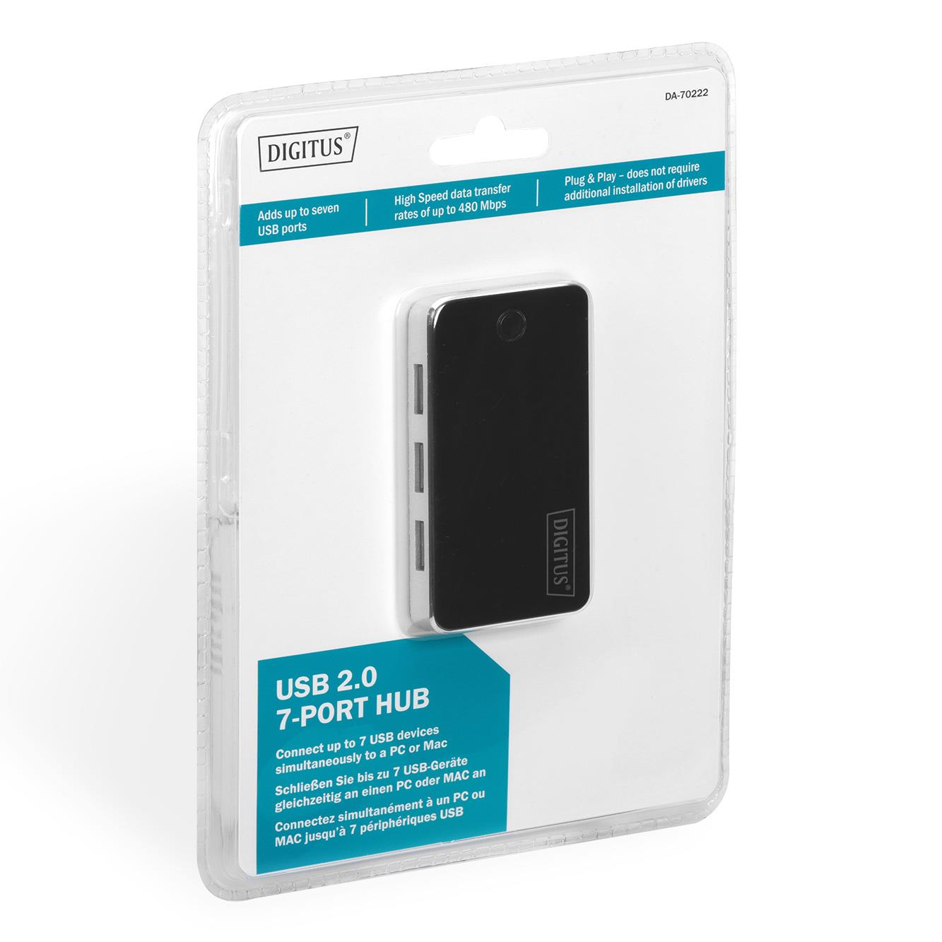 Ein schwarzer DIGITUS USB 2.0 7-Port Hub in Verpackung.