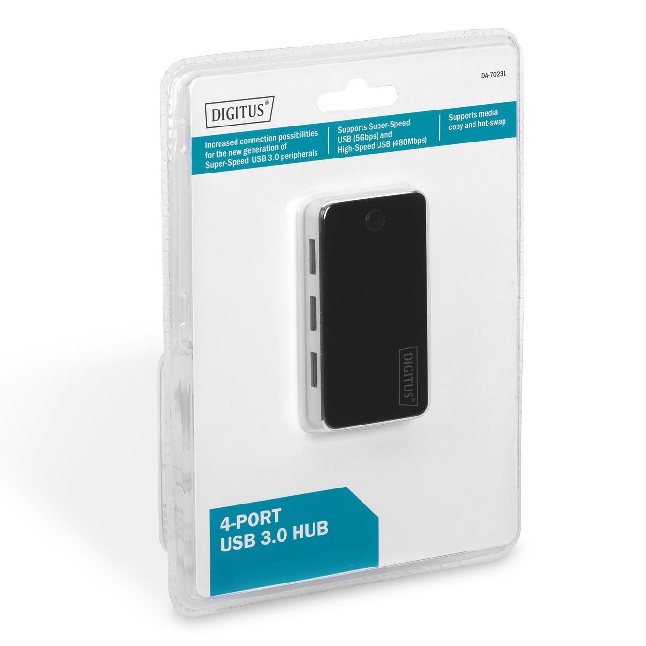 Schwarzer 4-Port USB 3.0 Hub von Digitus in Verpackung, unterstützt Super-Speed.