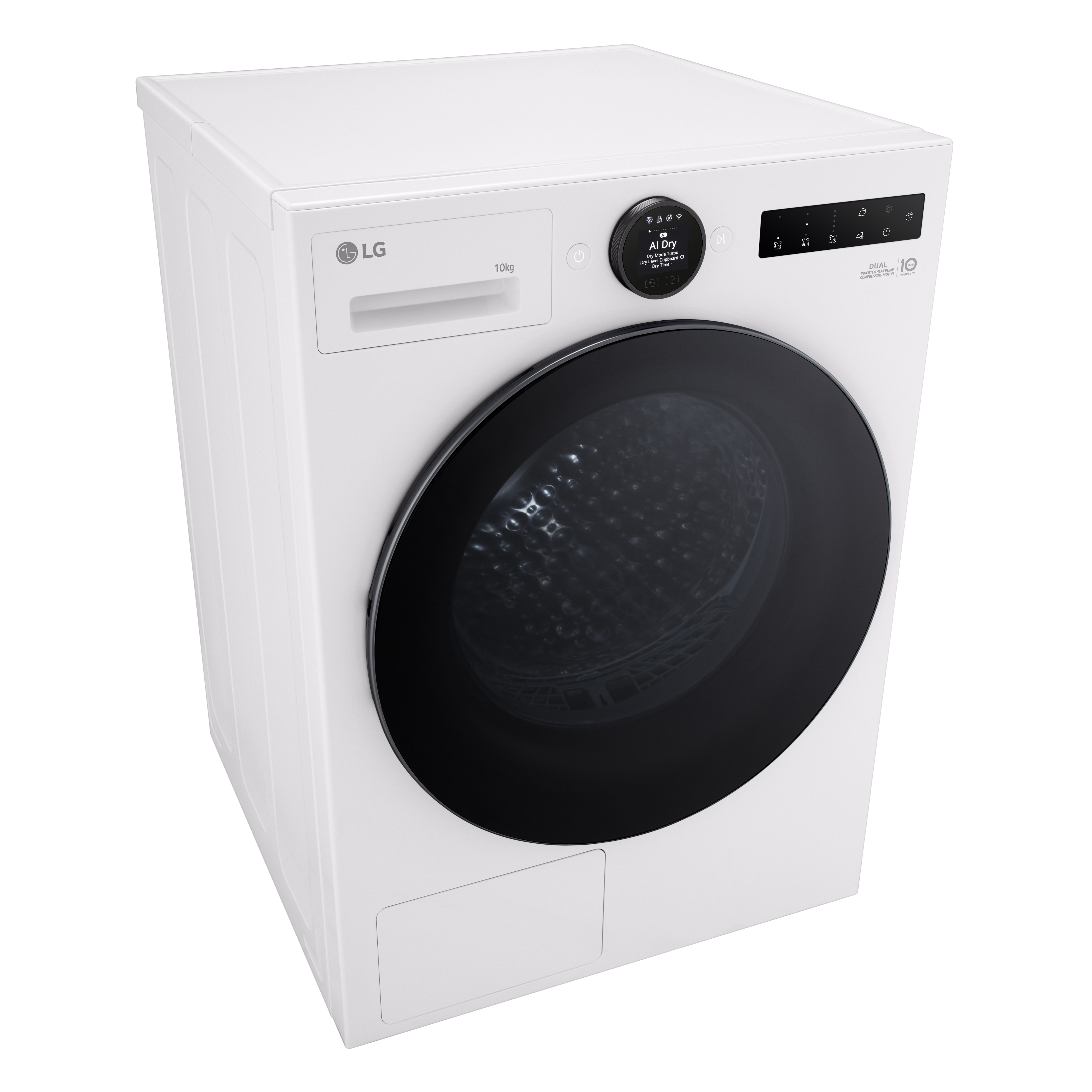 Lavatrice LG bianca con oblò rotondo nero e display digitale.