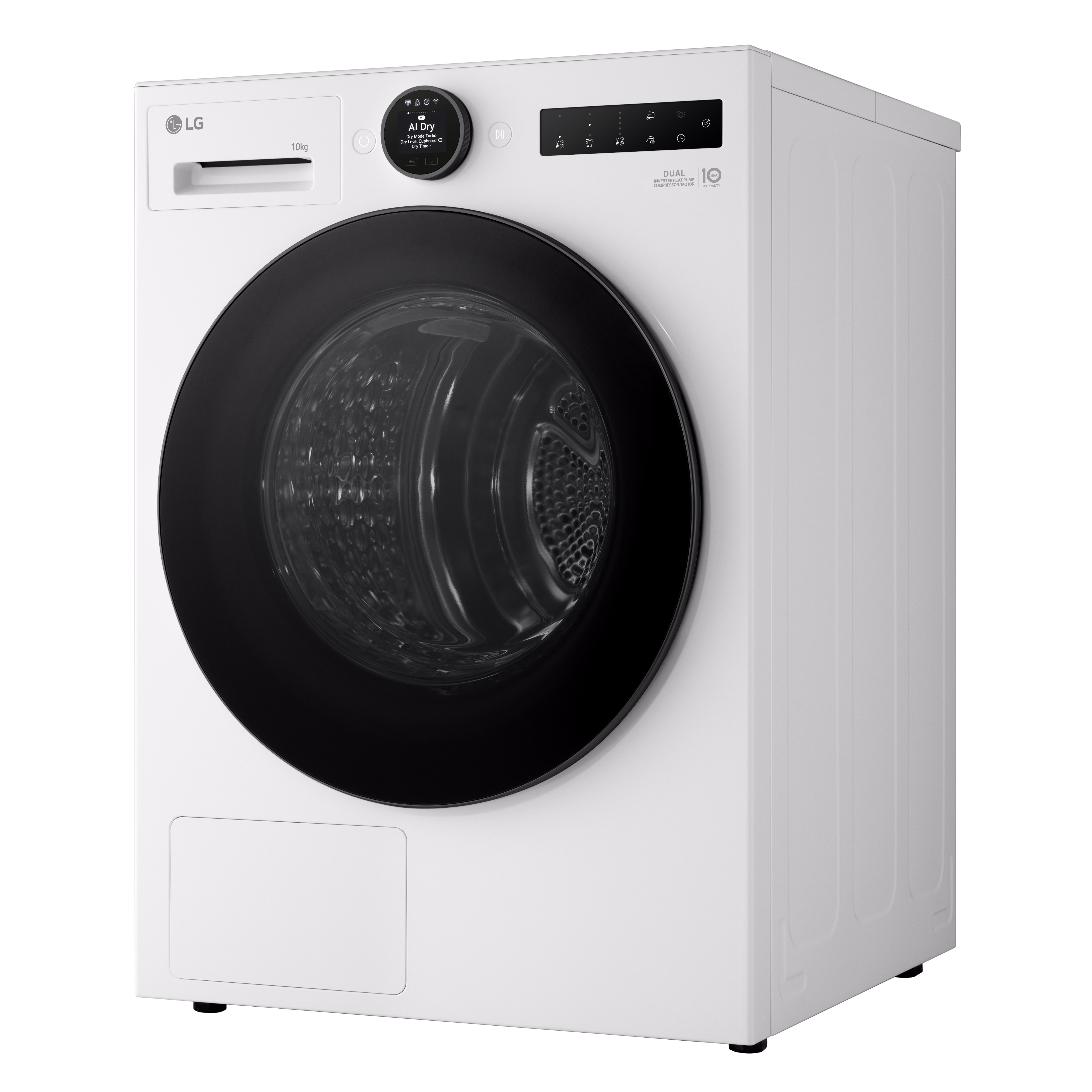 Una lavatrice LG bianca con oblò nero e display digitale.