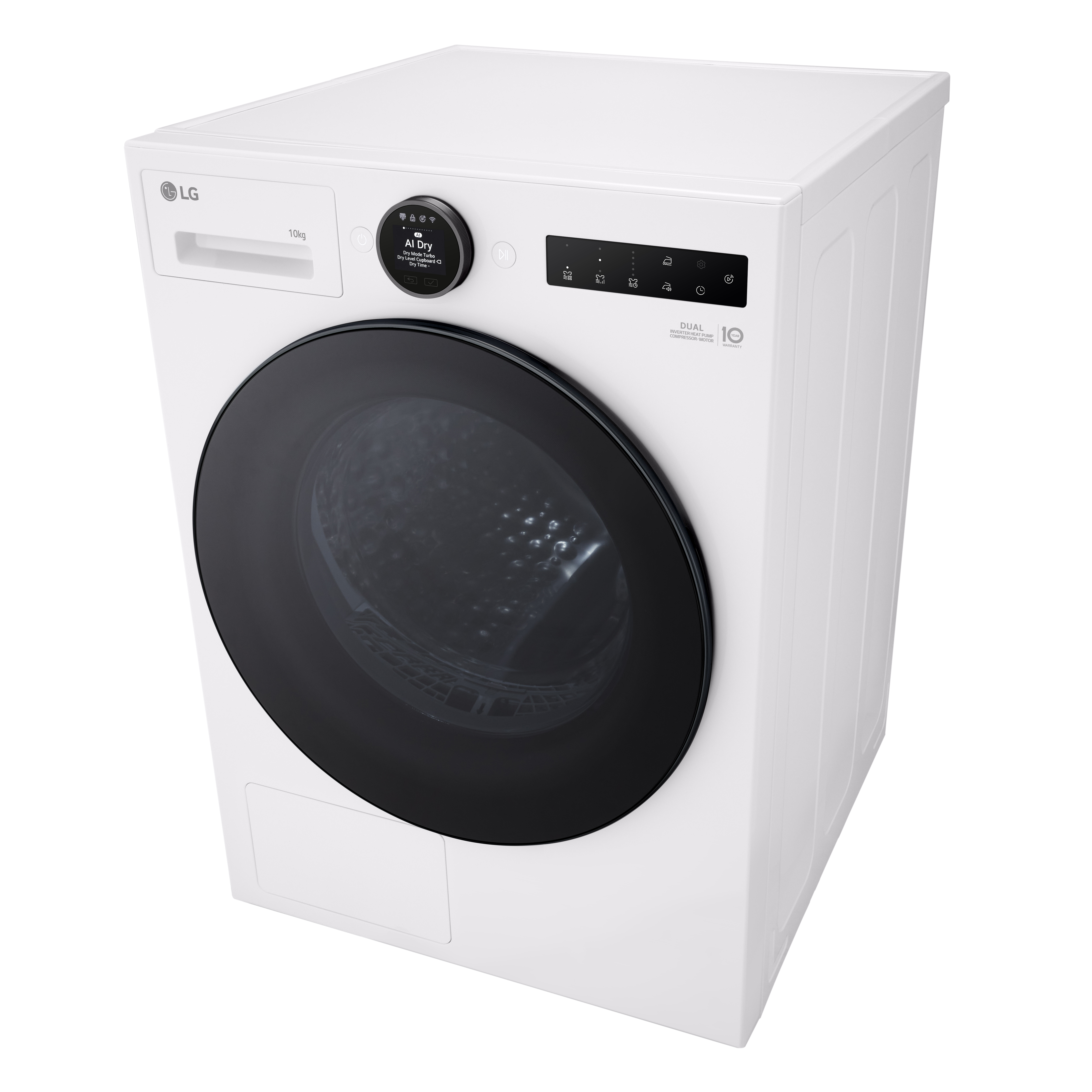 Lavatrice LG bianca con grande oblò nero e display digitale.