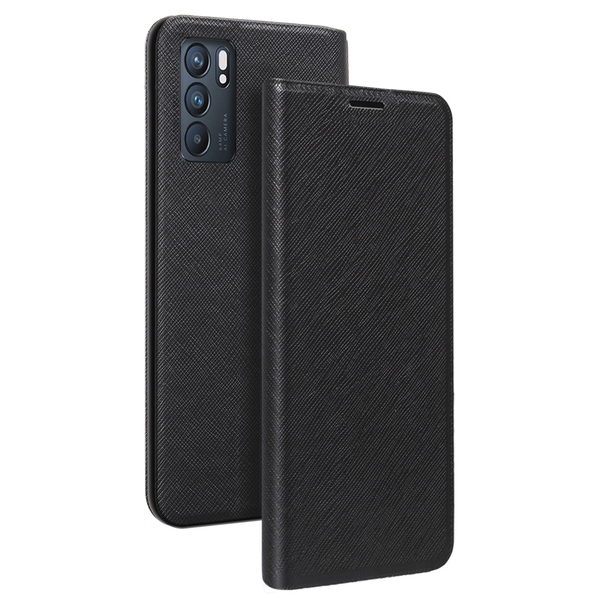 Telefono cellulare nero con alloggiamento fotocamera e custodia a libro chiusa accanto.