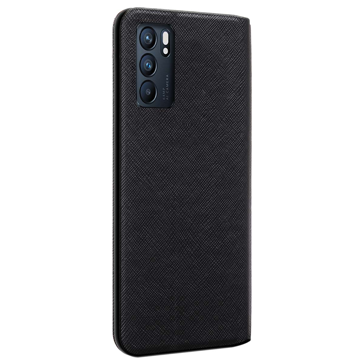 Custodia nera per telefono con tre fotocamere e testo "64MP AI CAMERA".