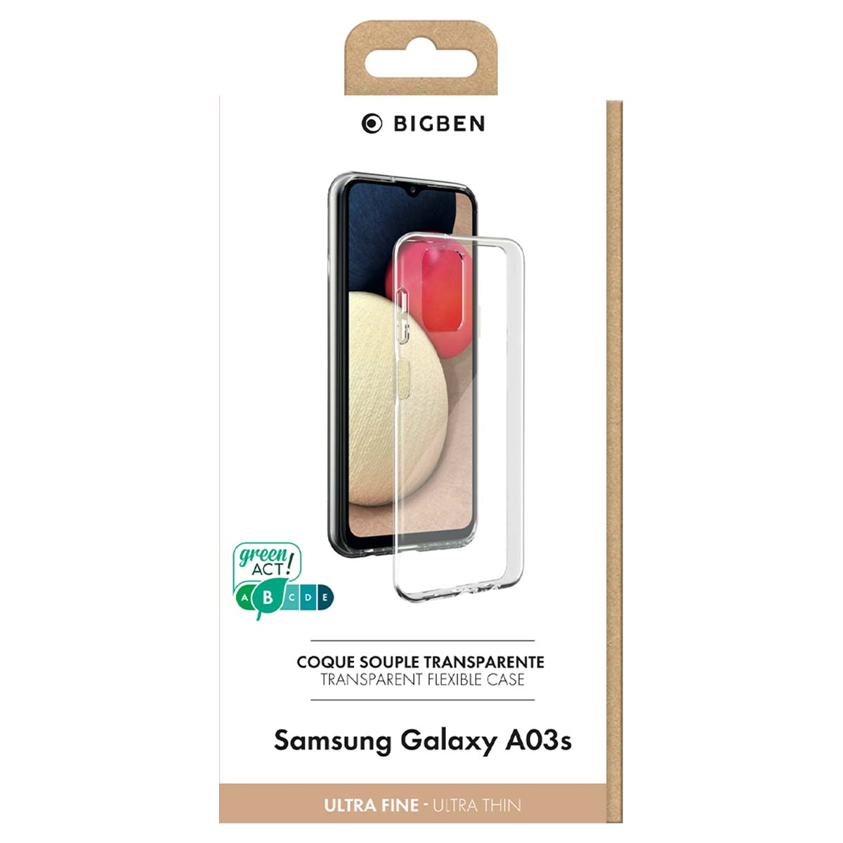 Confezione per una custodia trasparente per Samsung Galaxy A03s.