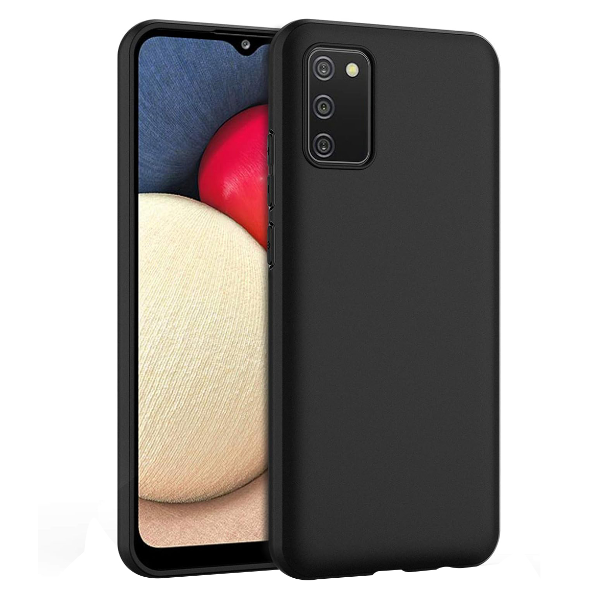 Custodia nera per telefono con ritaglio tripla fotocamera su smartphone.