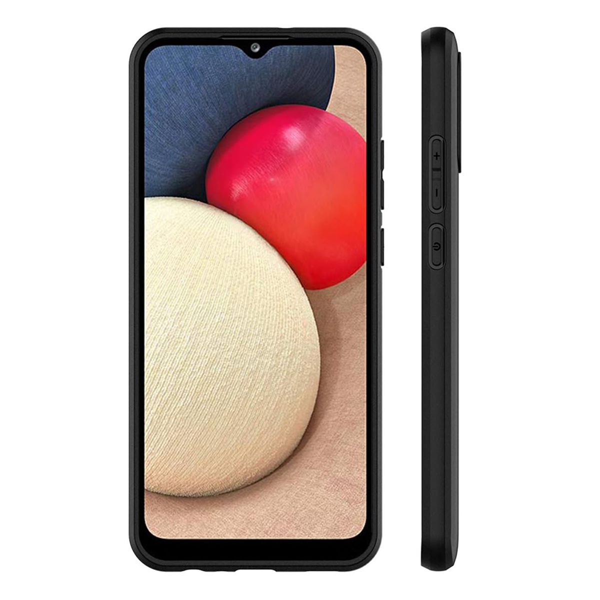 Smartphone nero con notch a goccia, elementi rossi e beige sullo schermo.