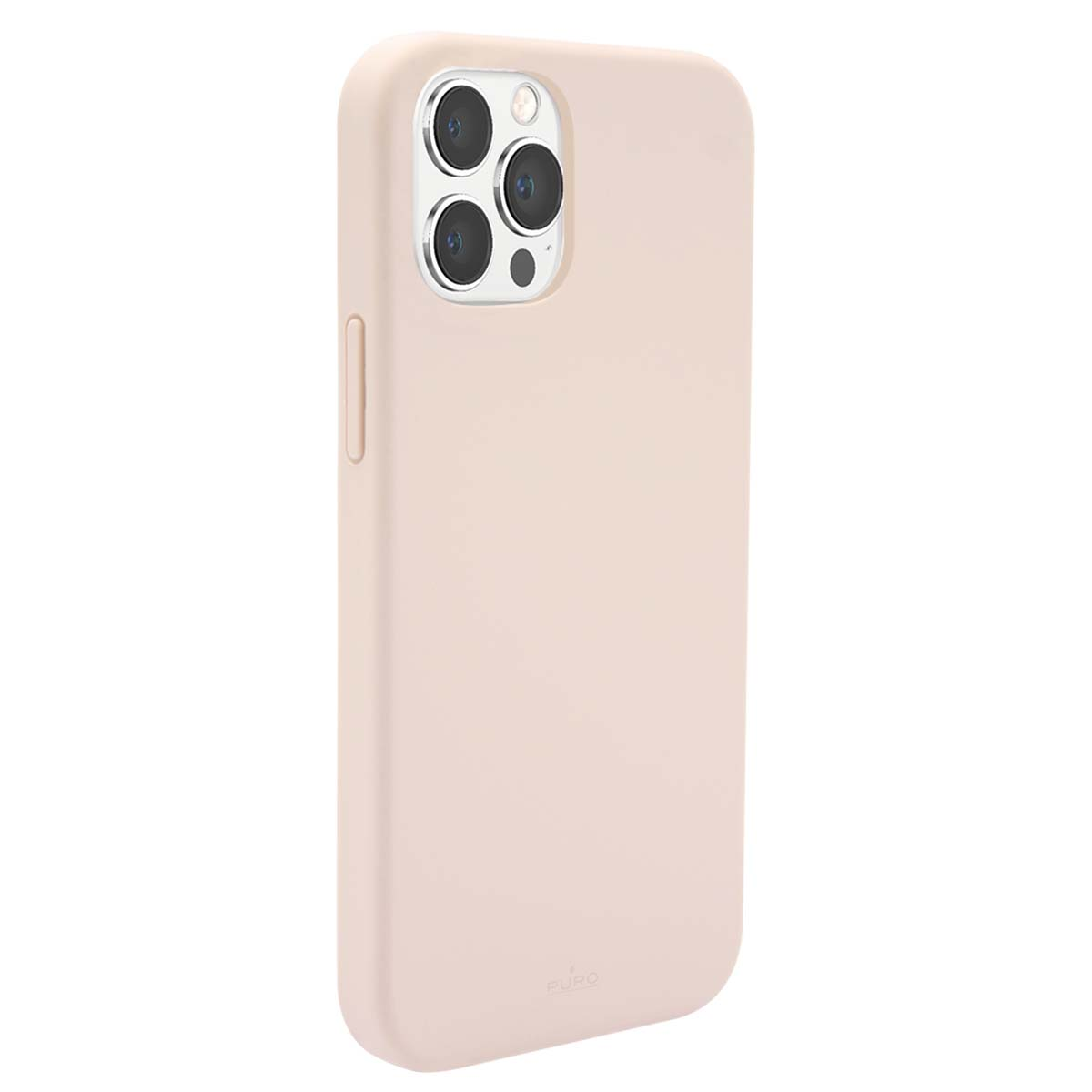 Una custodia rosa chiaro per iPhone con un ritaglio per tripla fotocamera sul retro.