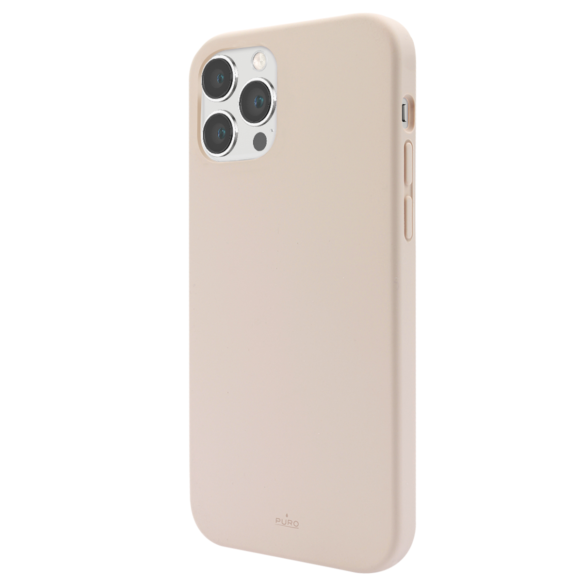 Una cover beige per iPhone con tripla fotocamera e logo Puro.