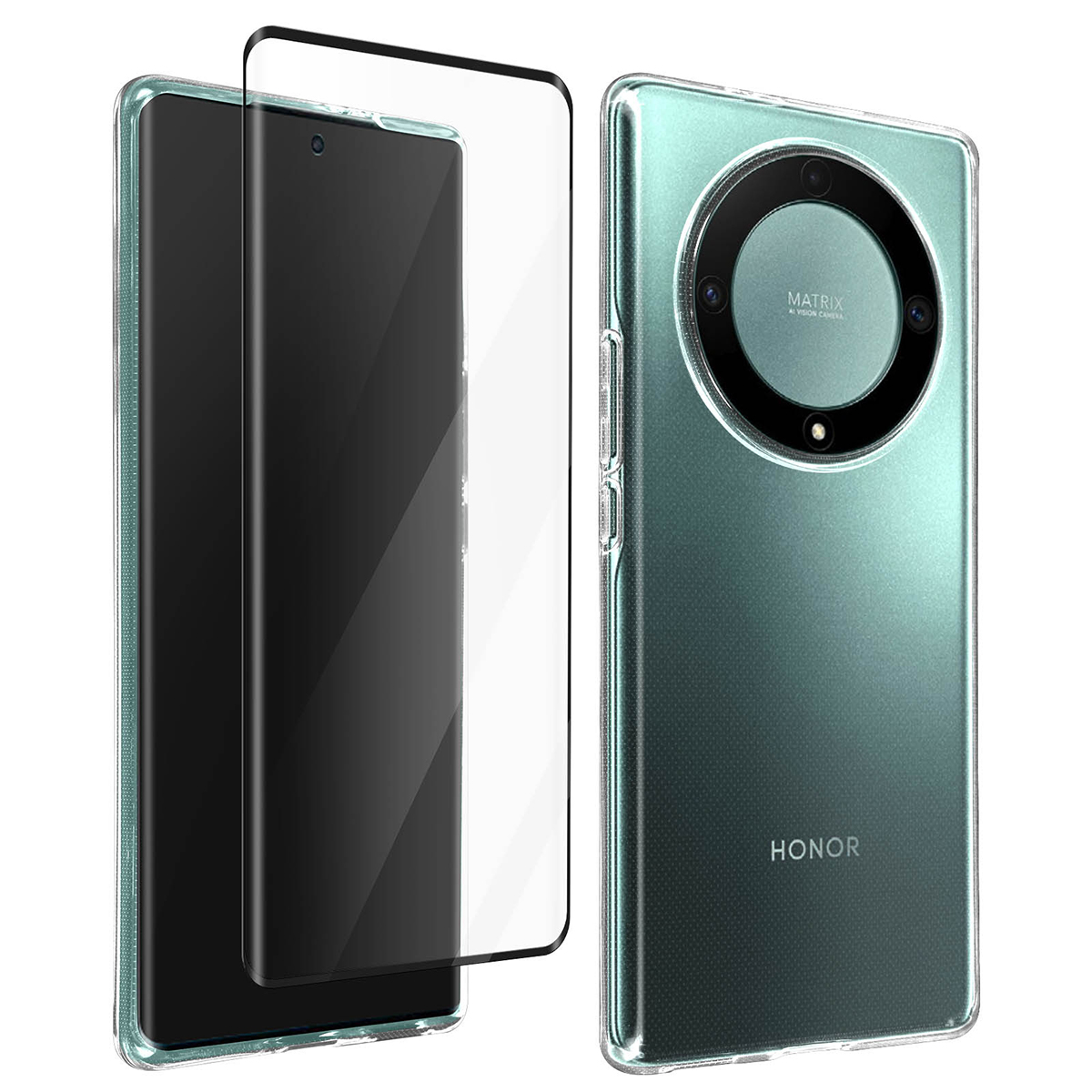 Uno smartphone verde con custodia e protezione schermo. Il retro mostra il modulo fotocamera.
