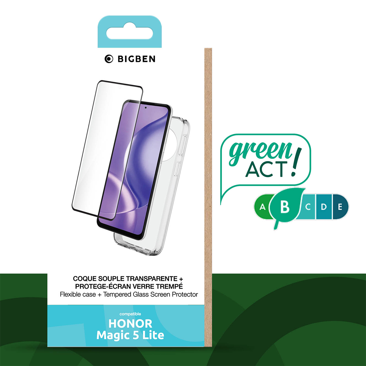 Custodia flessibile e protezione schermo in vetro temperato Bigben per Honor Magic 5 Lite.