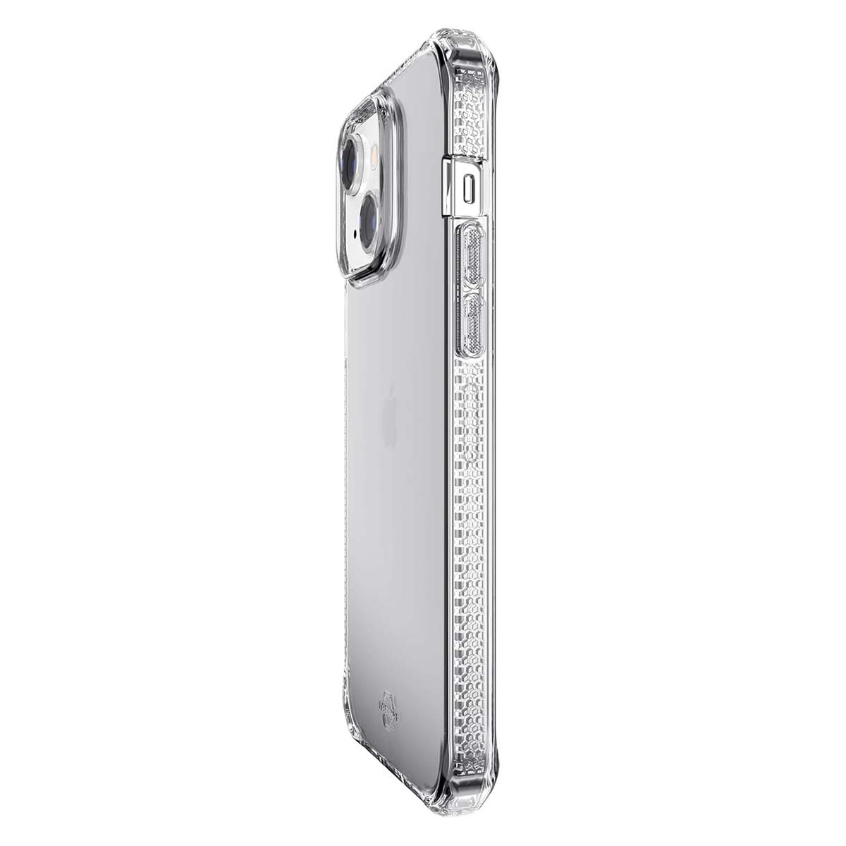 Custodia trasparente per telefono con bordo glitterato che protegge uno smartphone.