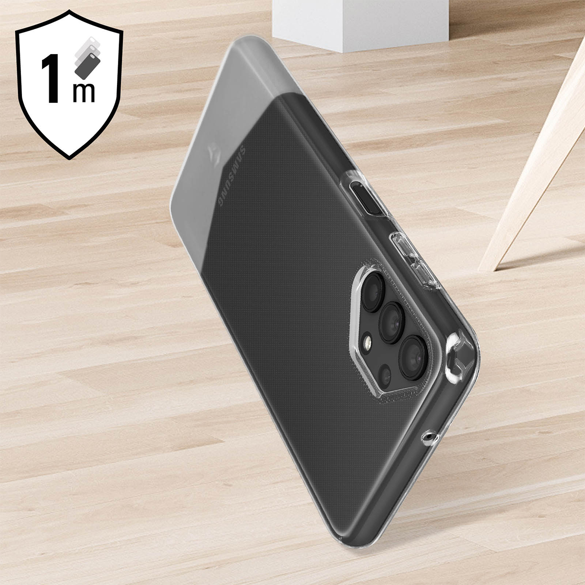 Custodia trasparente per telefono con modulo fotocamera su legno.
