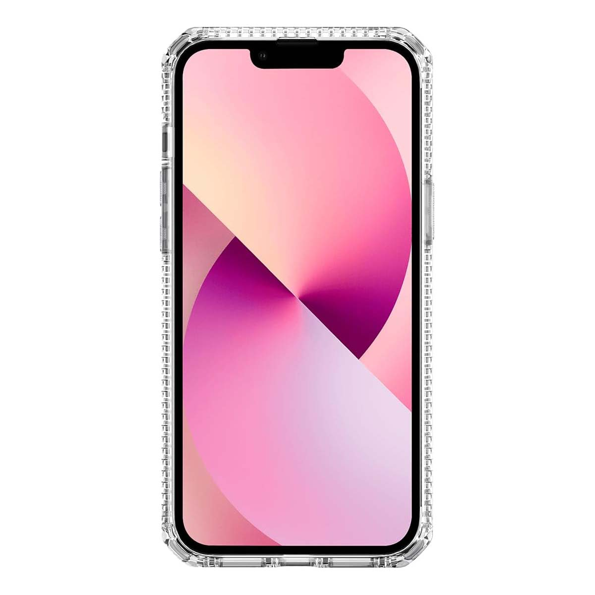 Una cover trasparente per telefono con sfondo rosa e viola.