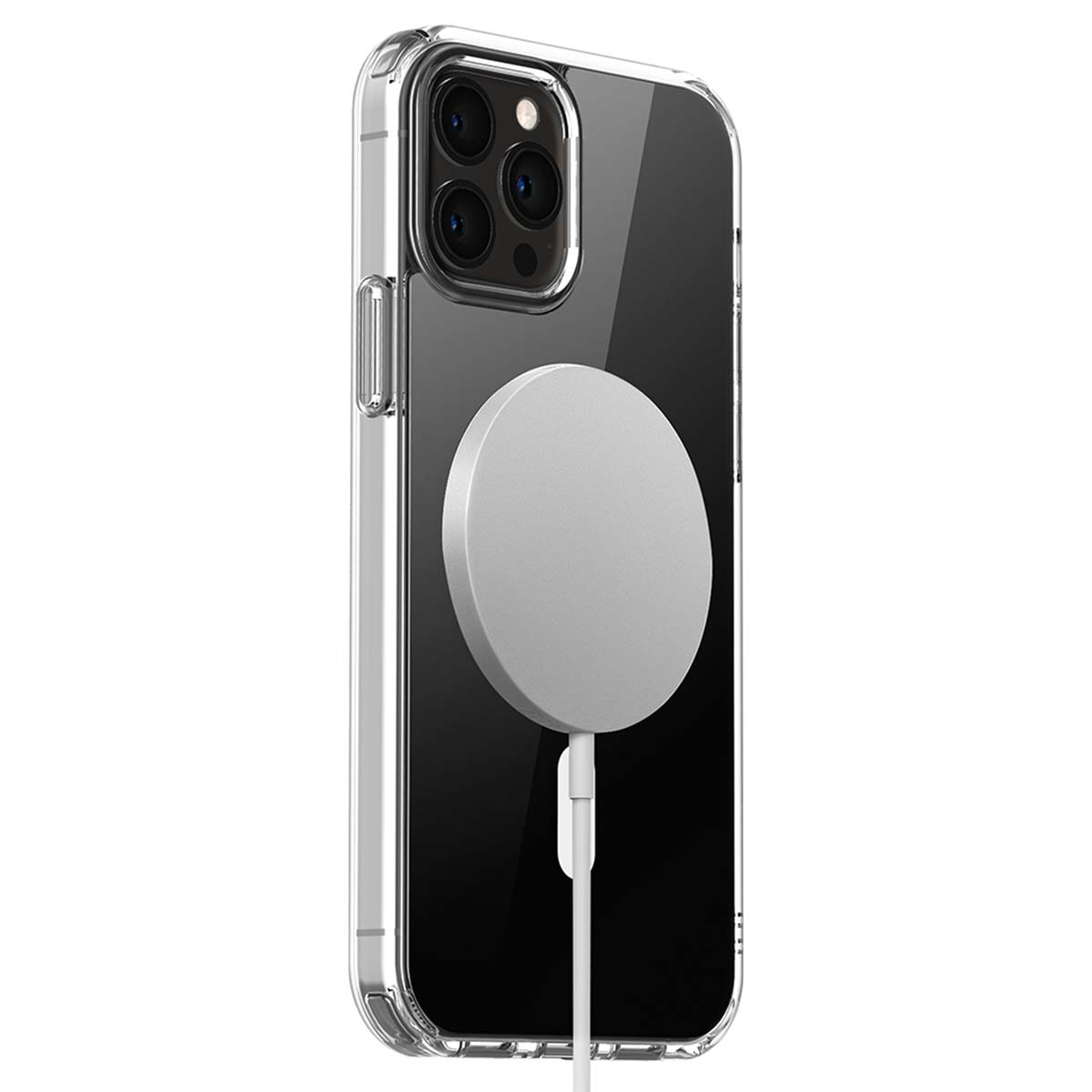 Una custodia trasparente per iPhone con un caricabatterie MagSafe bianco sul retro.