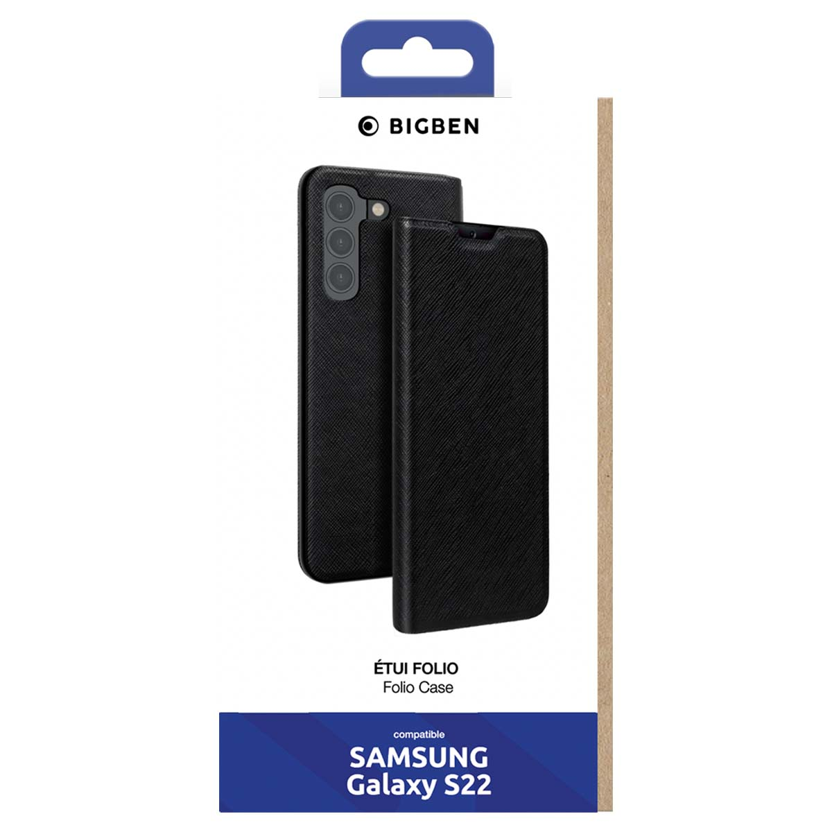Custodia a libro nera Bigben per Samsung Galaxy S22 in confezione.