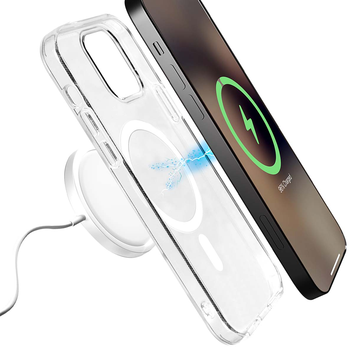 Una custodia trasparente si carica su sfondo bianco, accanto a un iPhone.