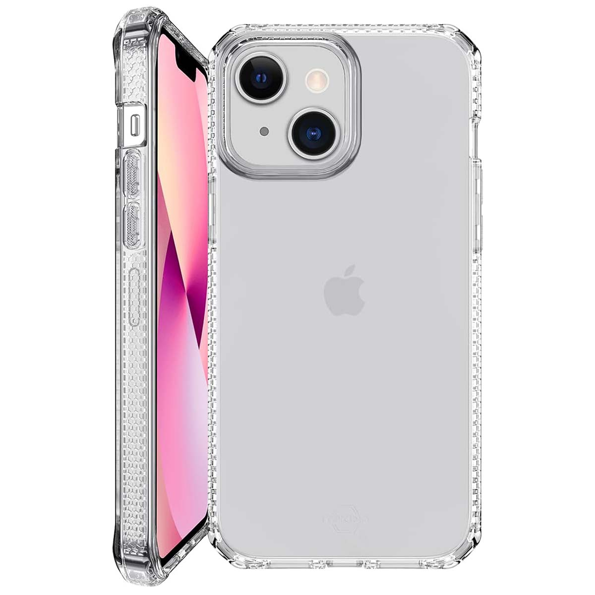 Custodia iPhone trasparente con doppia fotocamera e logo Apple.