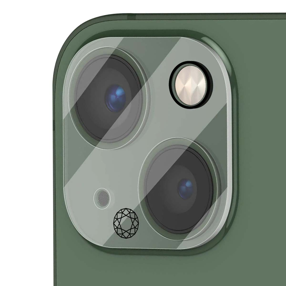 Close-up of a green smartphone back with three camera lenses and a flash.