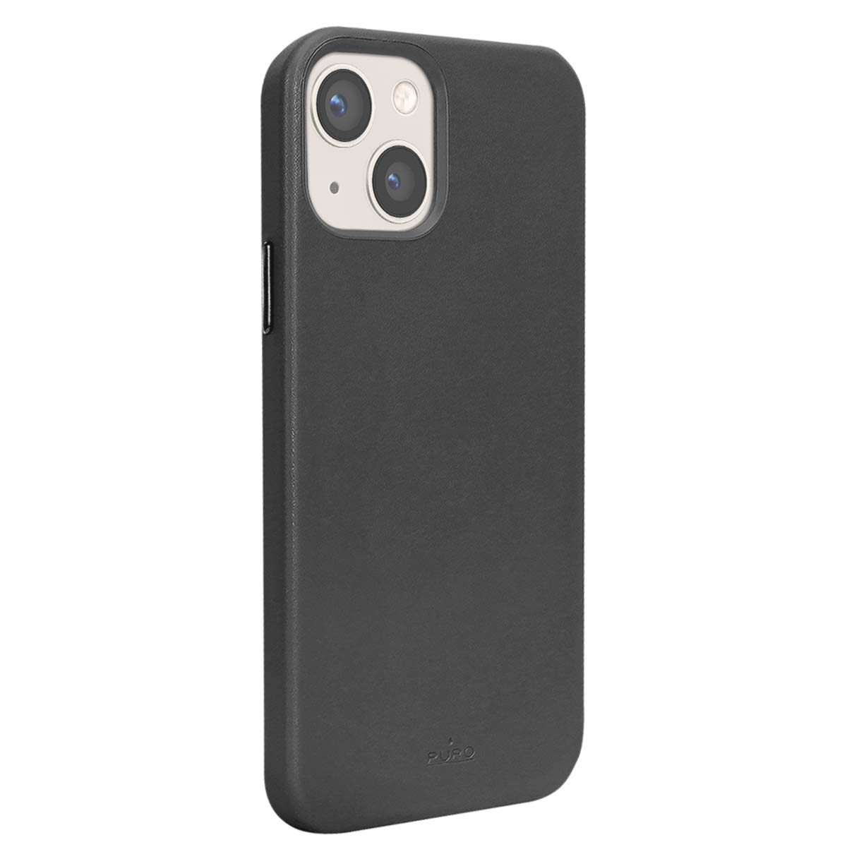 Custodia per telefono grigio scuro con ritaglio fotocamera su sfondo bianco.