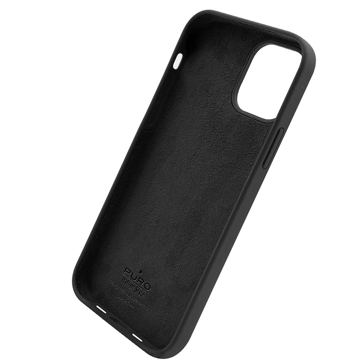 Custodia nera in pelle per telefono con logo Puro e ritagli per fotocamera e pulsanti.