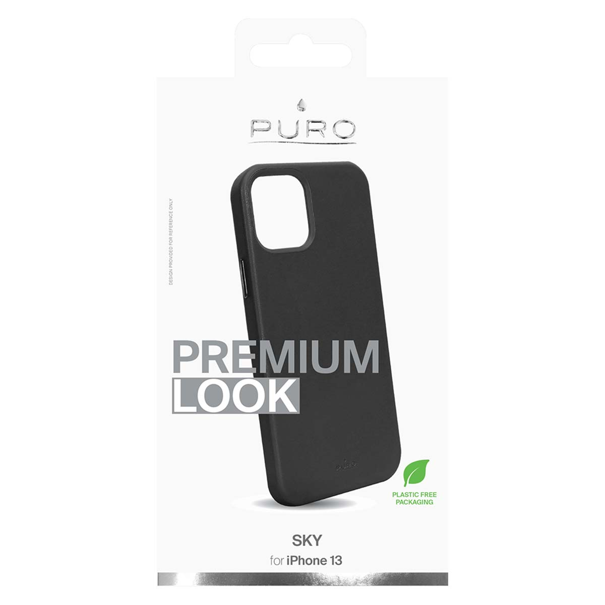 Custodia nera Puro per iPhone 13 con testo "Premium Look".