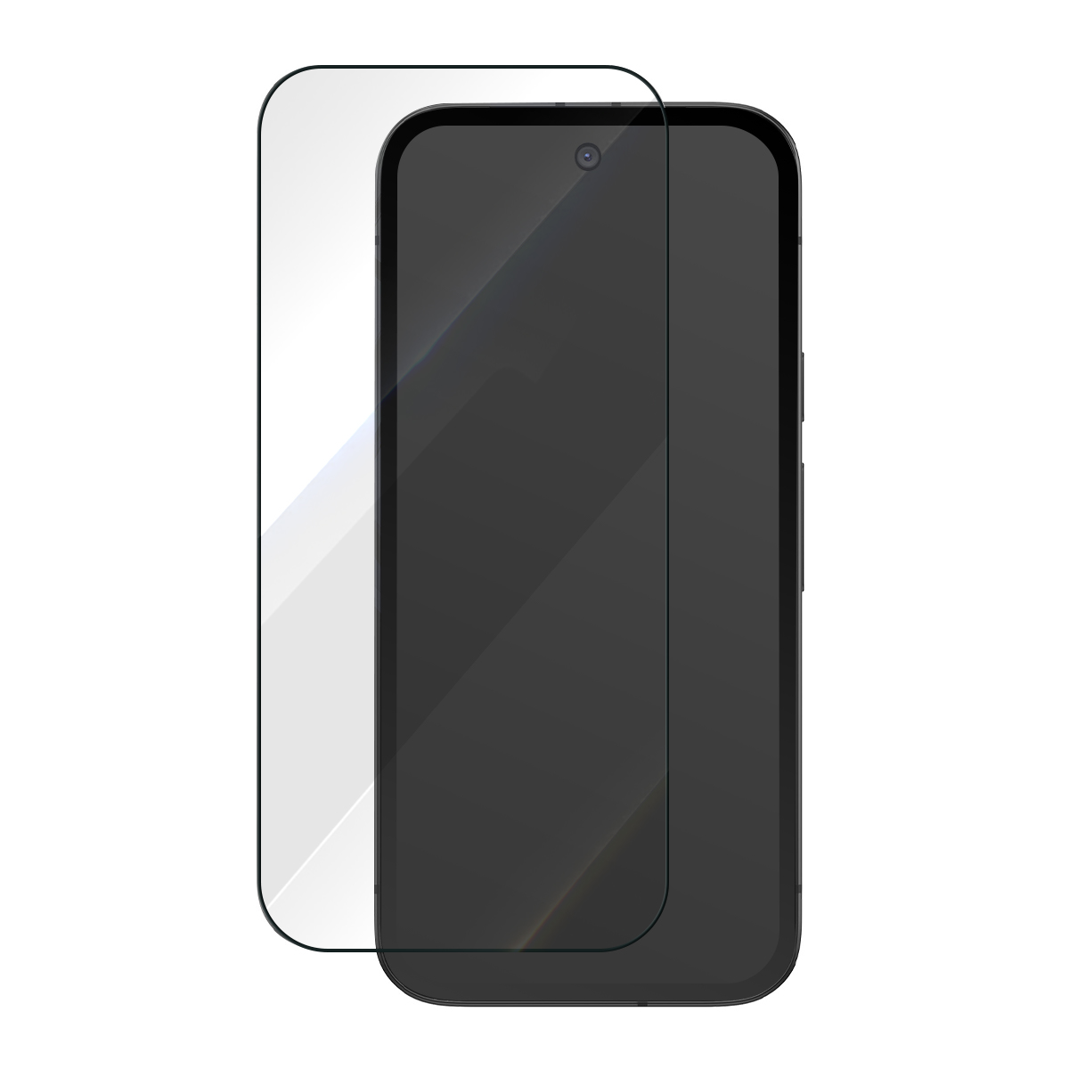 Een glazen screenprotector ligt naast een donkere smartphone.