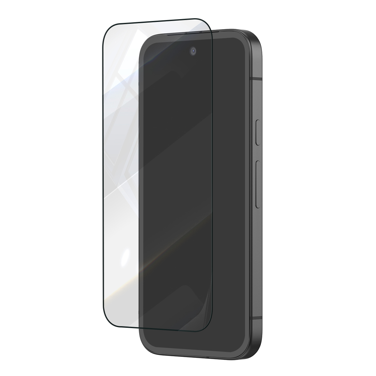 Een transparante screenprotector ligt over een zwarte smartphone.