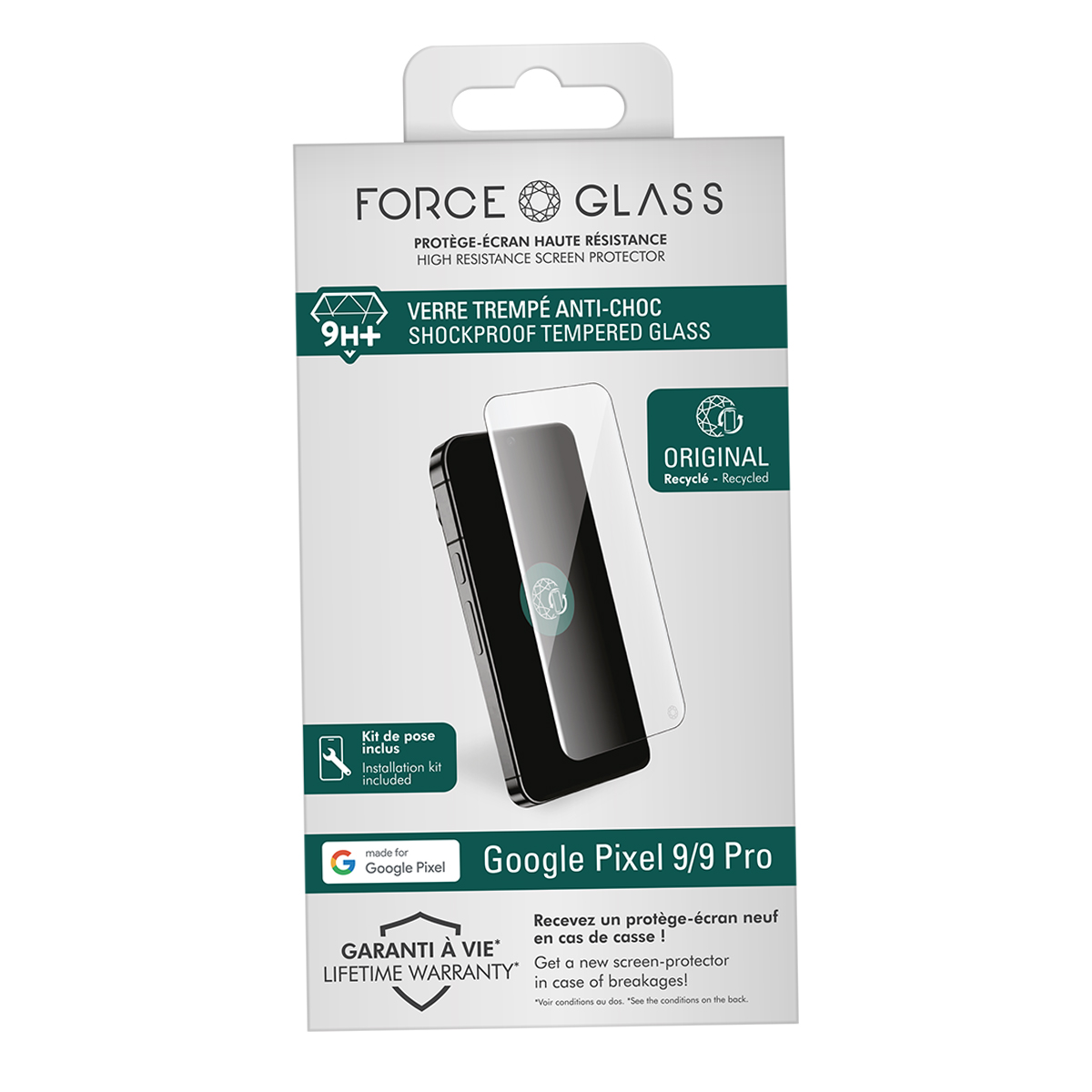 Verpakking voor schermprotector voor Google Pixel 9/9 Pro.