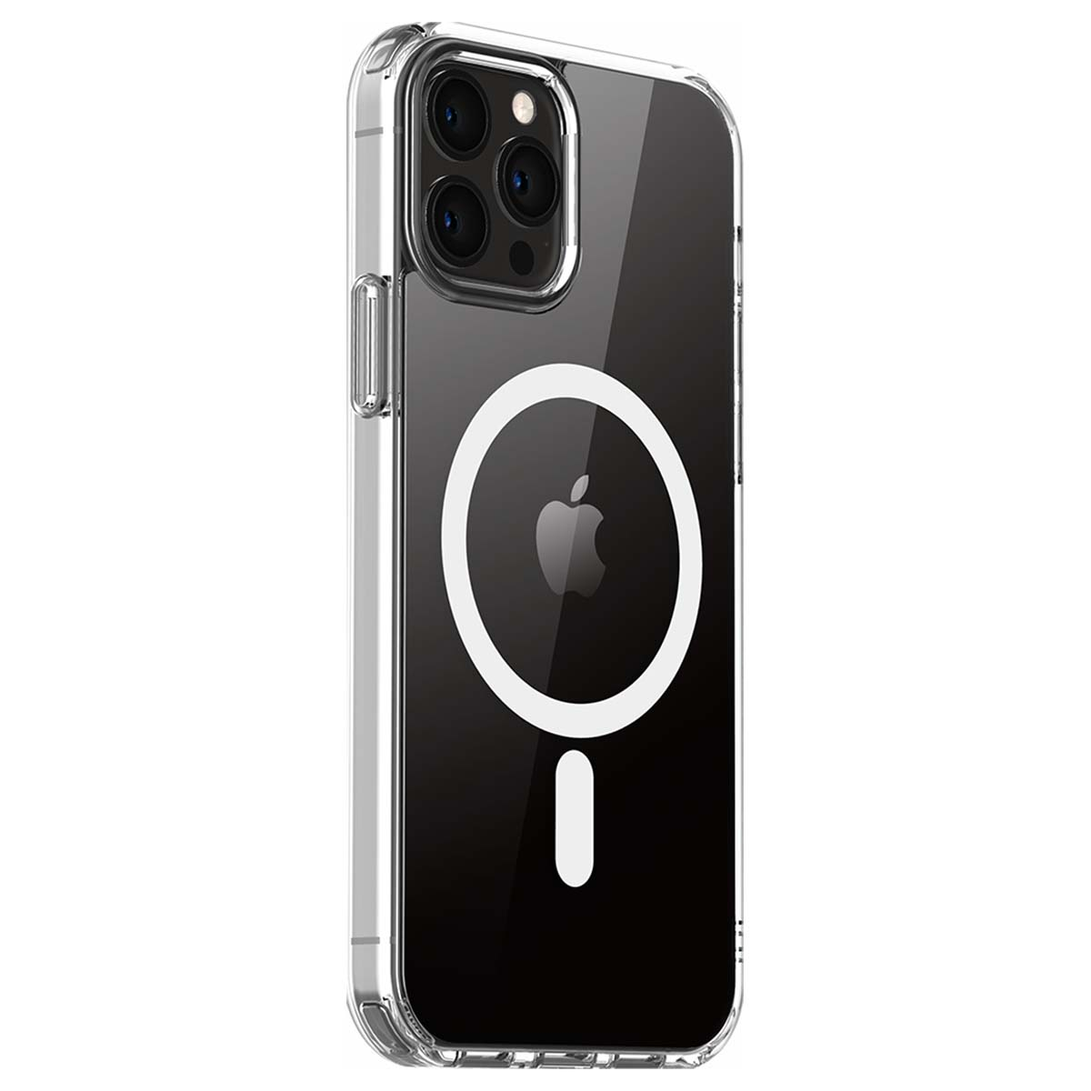 Custodia trasparente con logo Apple bianco e cerchio di ricarica.