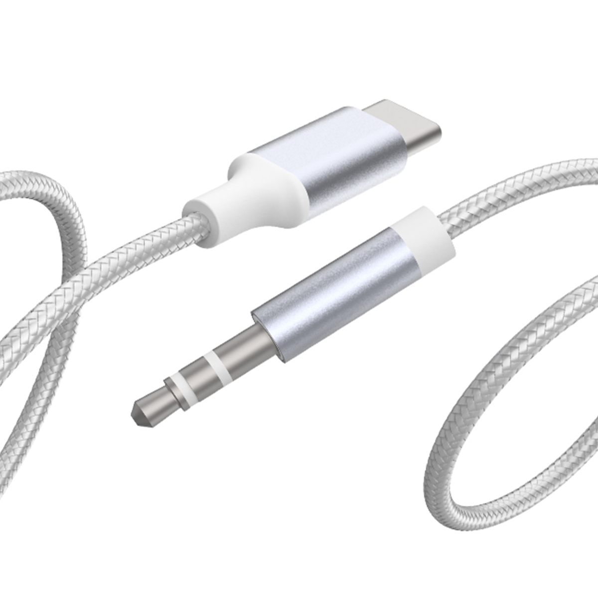 Un cavo USB-C argento con jack audio da 3,5 mm.
