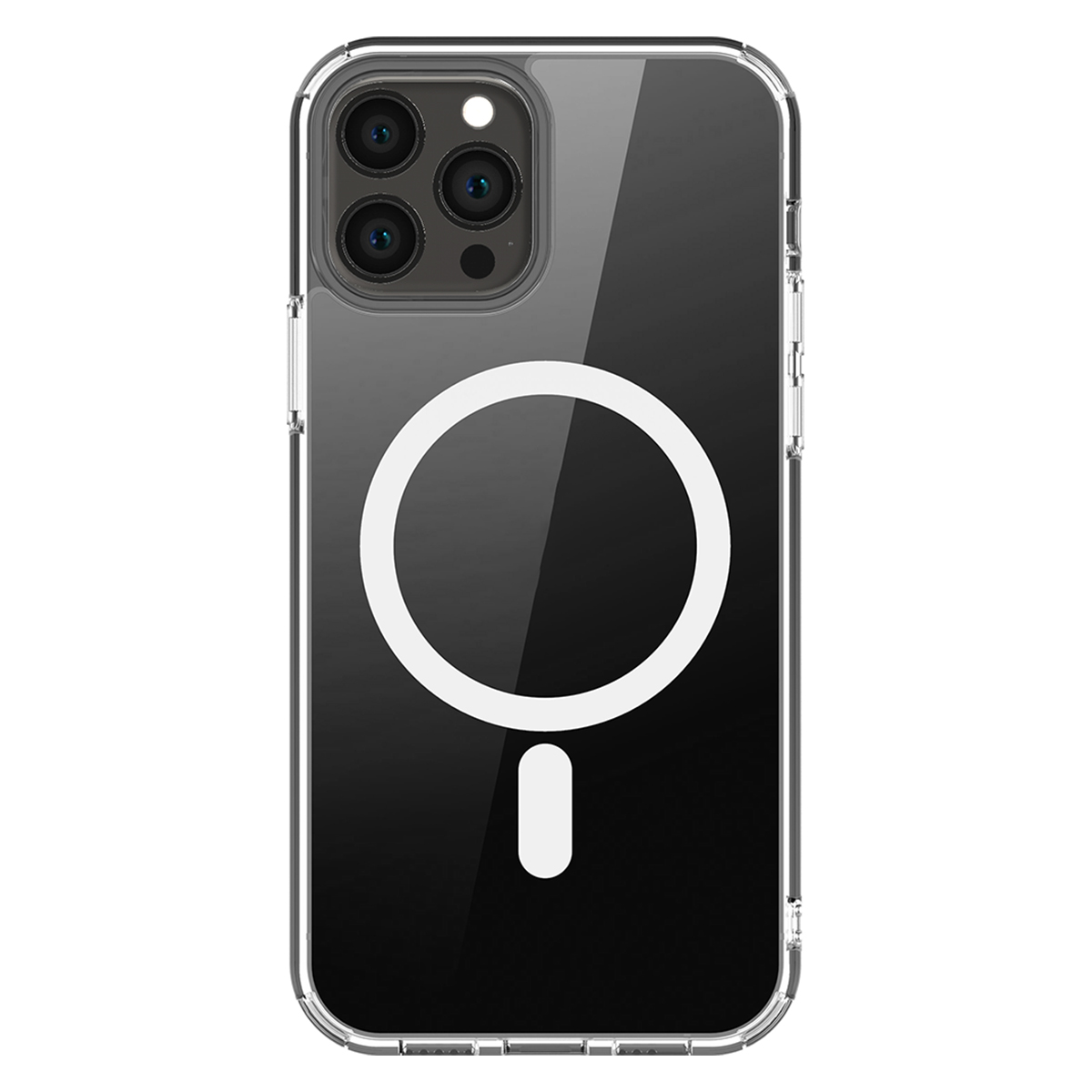 Custodia trasparente per telefono con modulo fotocamera e anello magnetico bianco.