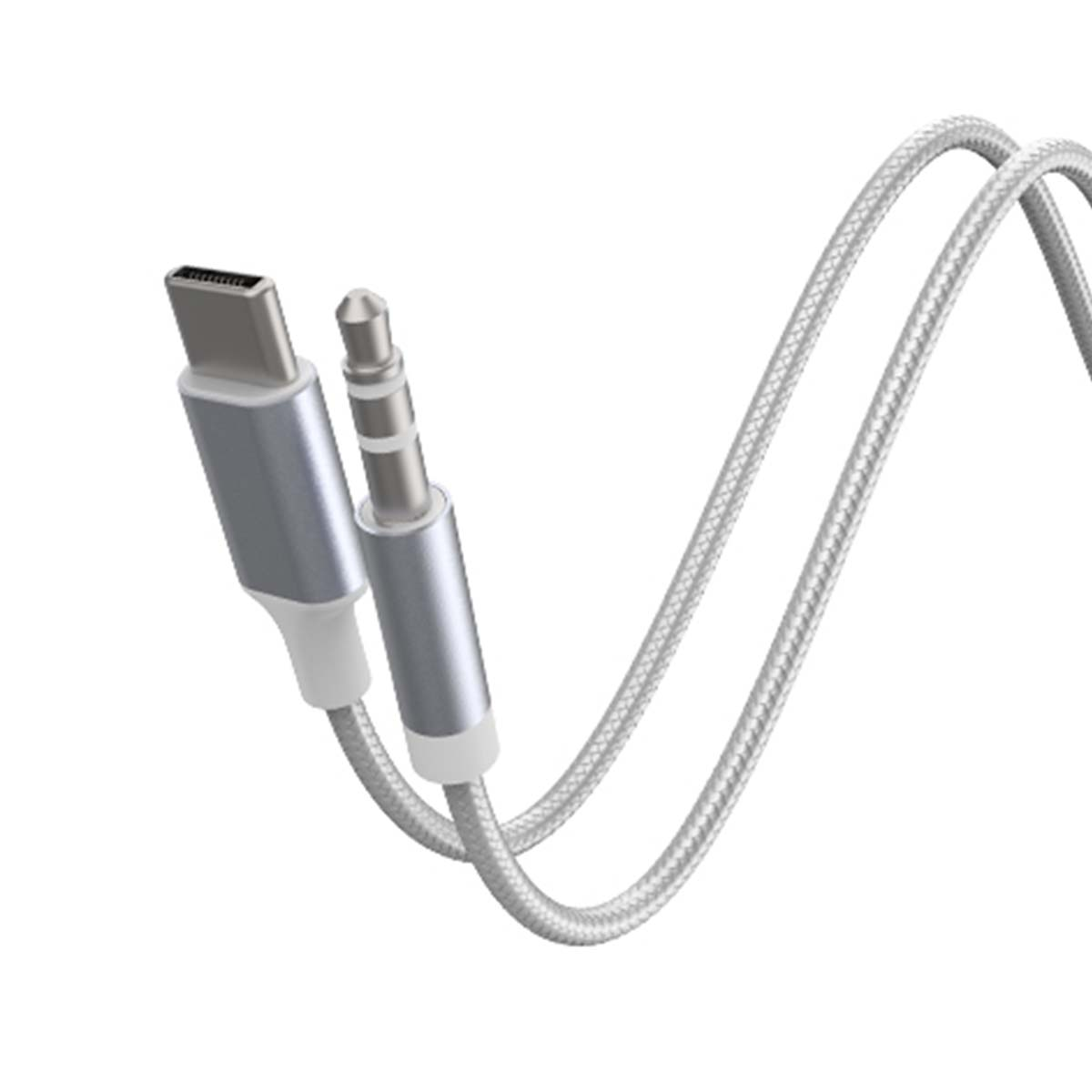 Un cavo argento con connettori USB-C e jack da 3,5 mm.