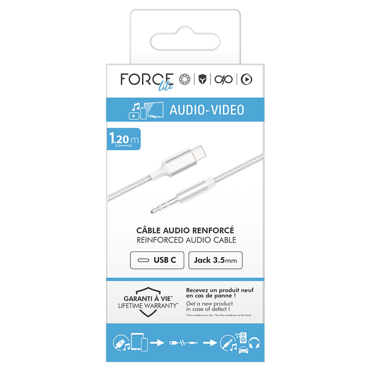 Confezione di un cavo audio da USB-C a jack da 3,5 mm da 1,20 m.