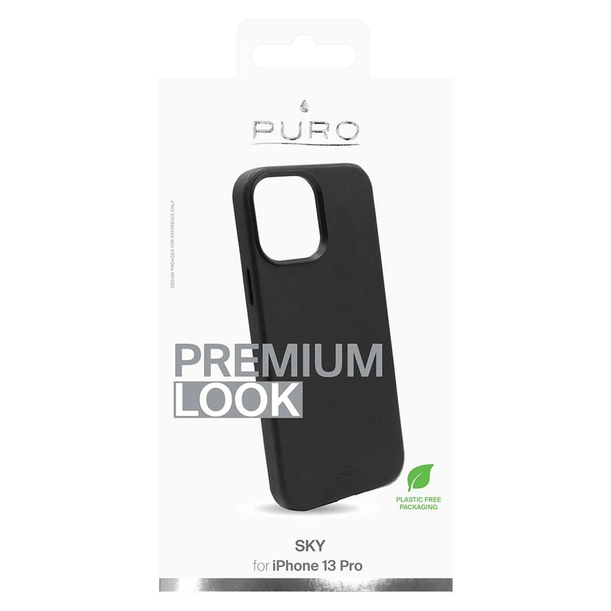 Custodia nera Puro iPhone 13 Pro con testo e loghi.