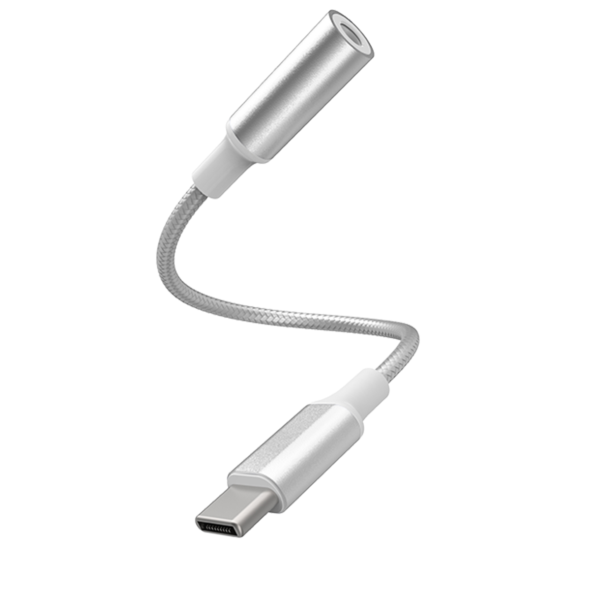 Ein silberner USB-C-auf-3,5-mm-Audioadapter mit weißem Kabel und einem flexiblen, geflochtenen Kabel.