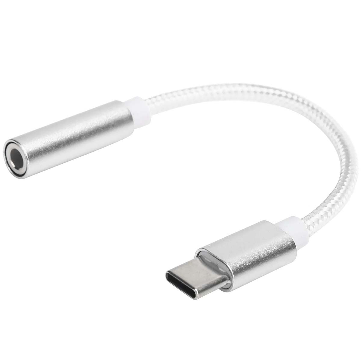 Ein silberner USB-C-Adapter mit weißem Kabel und 3,5-mm-Buchse.