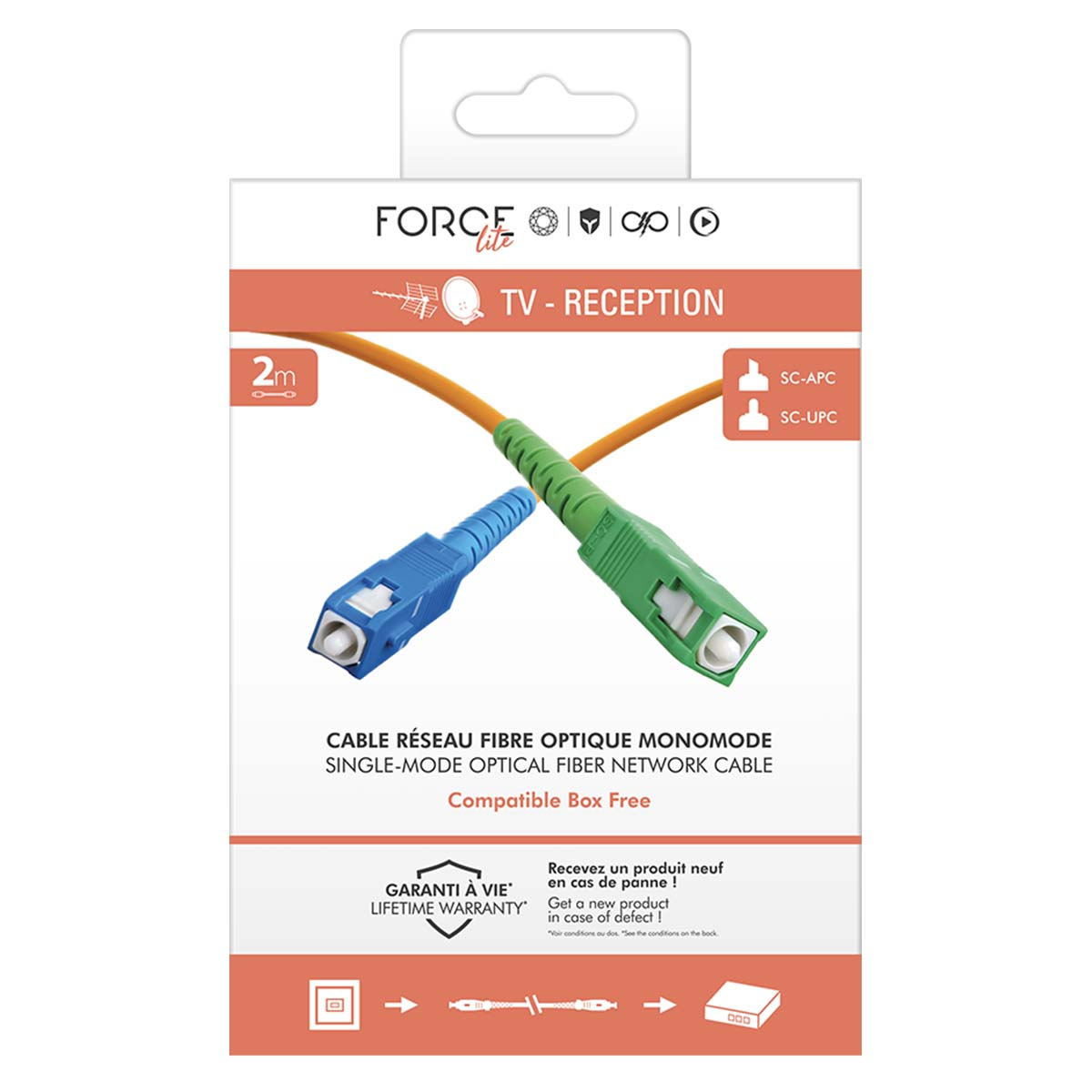 Verpackung mit einem 2m Glasfaserkabel, SC-APC (blau) und SC-UPC (grün) Anschlüssen.