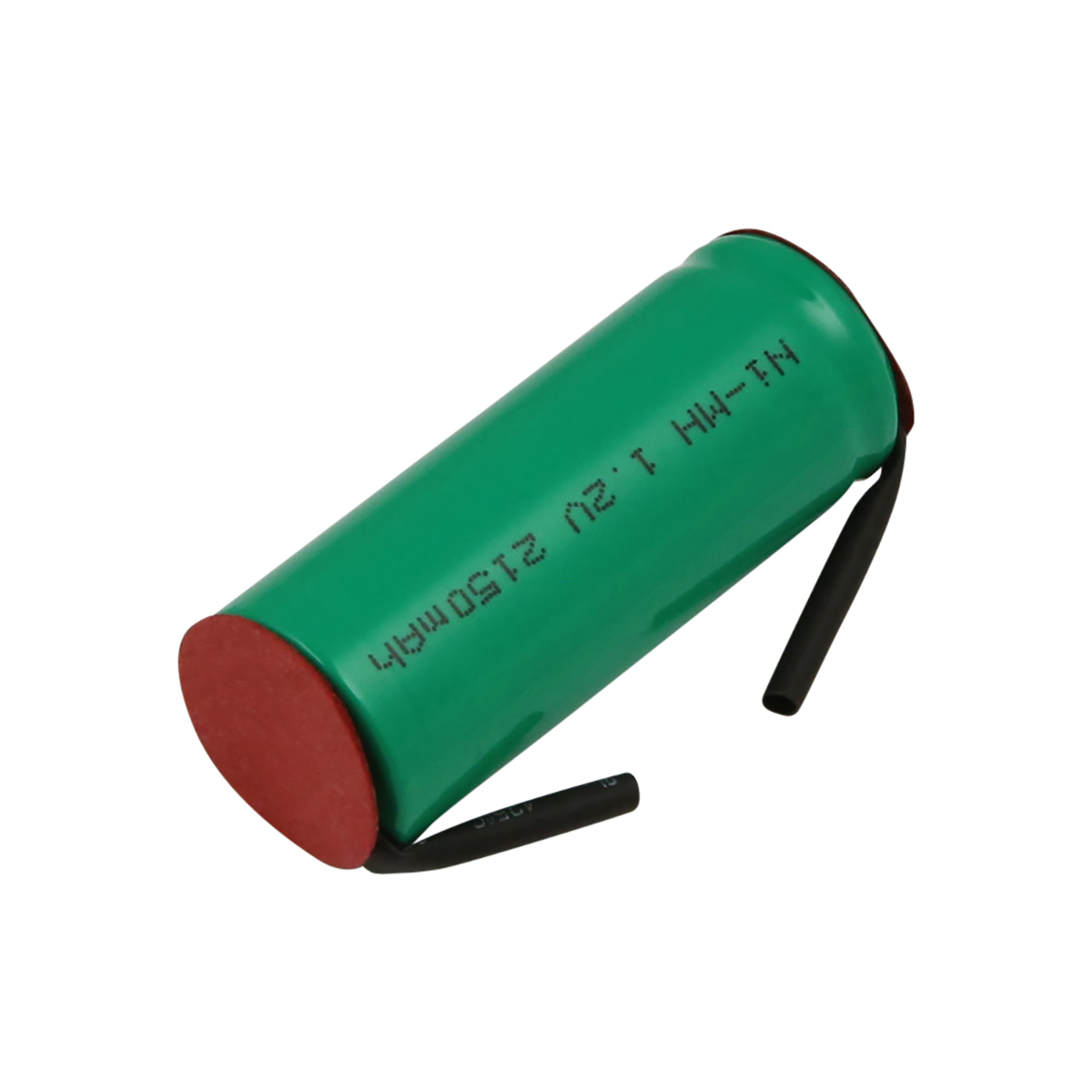 Ein grüner Ni-MH Akku mit roter Kappe und schwarzen Kabeln.
