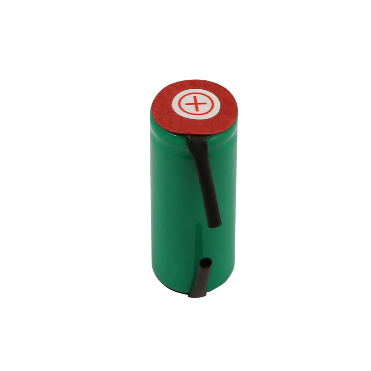 Grüne Batterie mit rotem Plus-Symbol oben und schwarzen Drähten.