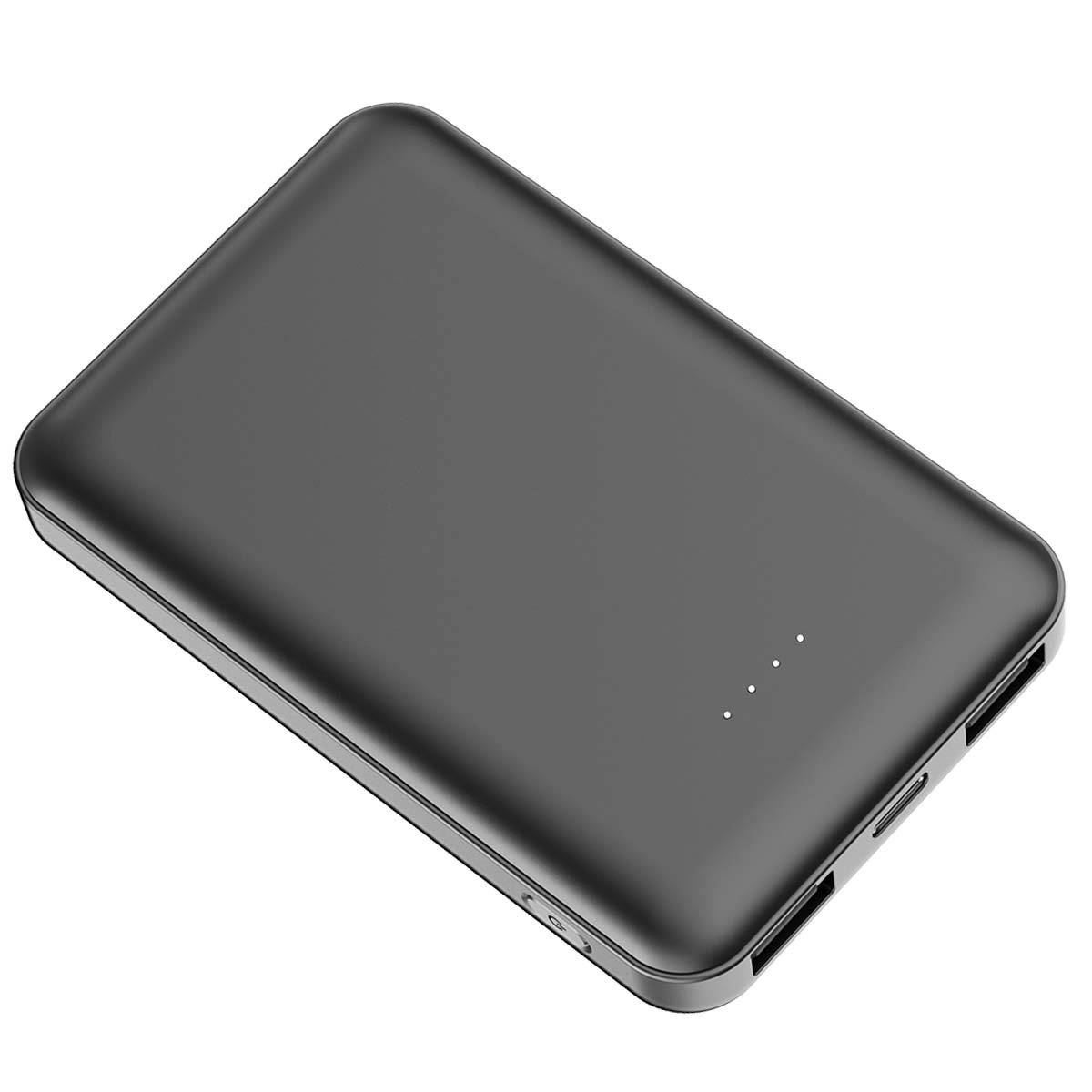 Power bank nero rettangolare con LED indicatori di carica.