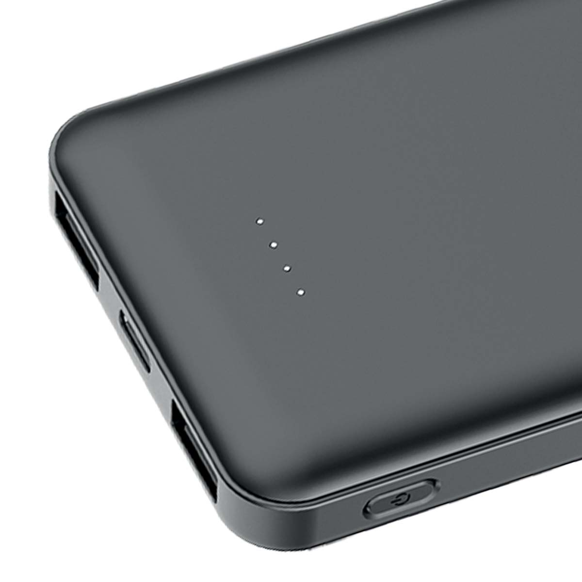 Power bank nero con quattro LED indicatori di carica e porte USB.