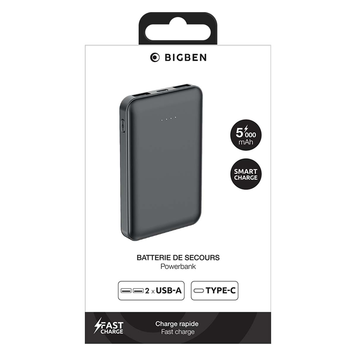 Powerbank BIGBEN grigio 5000 mAh, USB-A, Type-C, ricarica rapida.