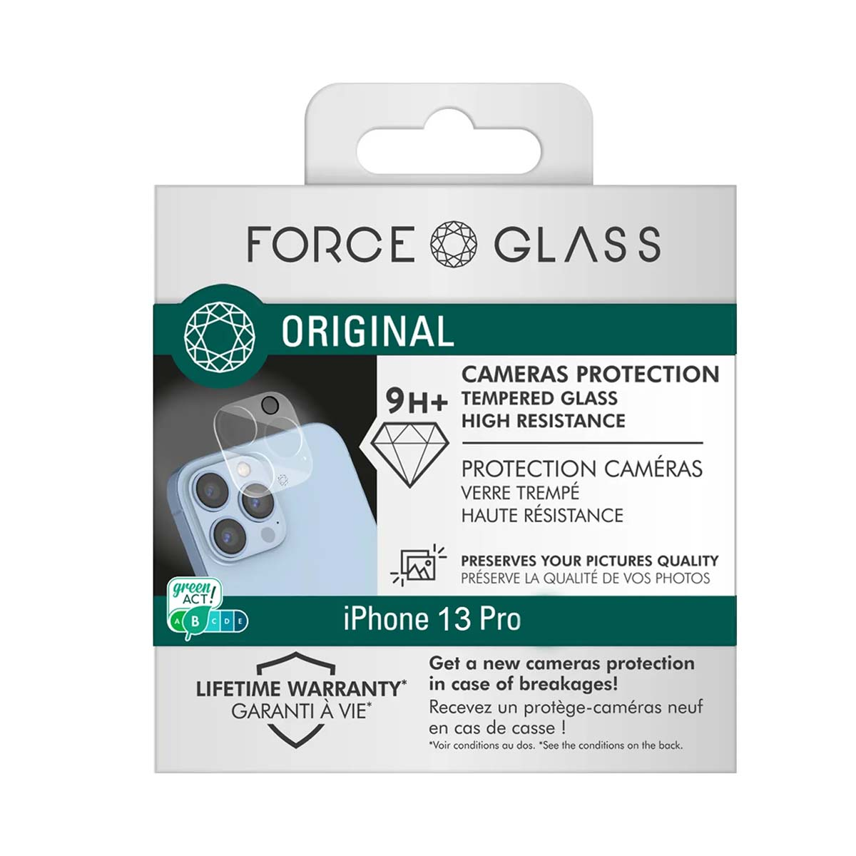 Packaging for an iPhone 13 Pro camera protector made of tempered glass.