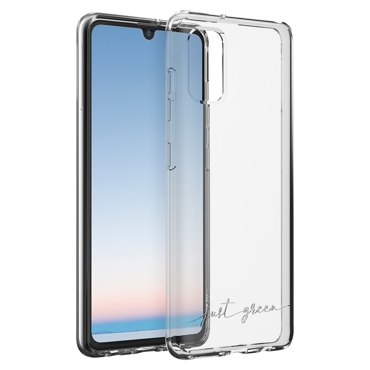 Una custodia trasparente per telefono con scritta "just green" è accanto a uno smartphone.