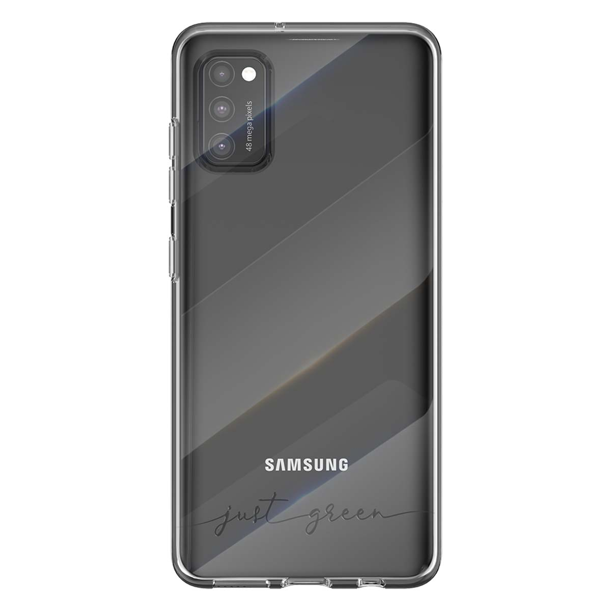 Custodia trasparente per telefono con array di fotocamere e logo Samsung.