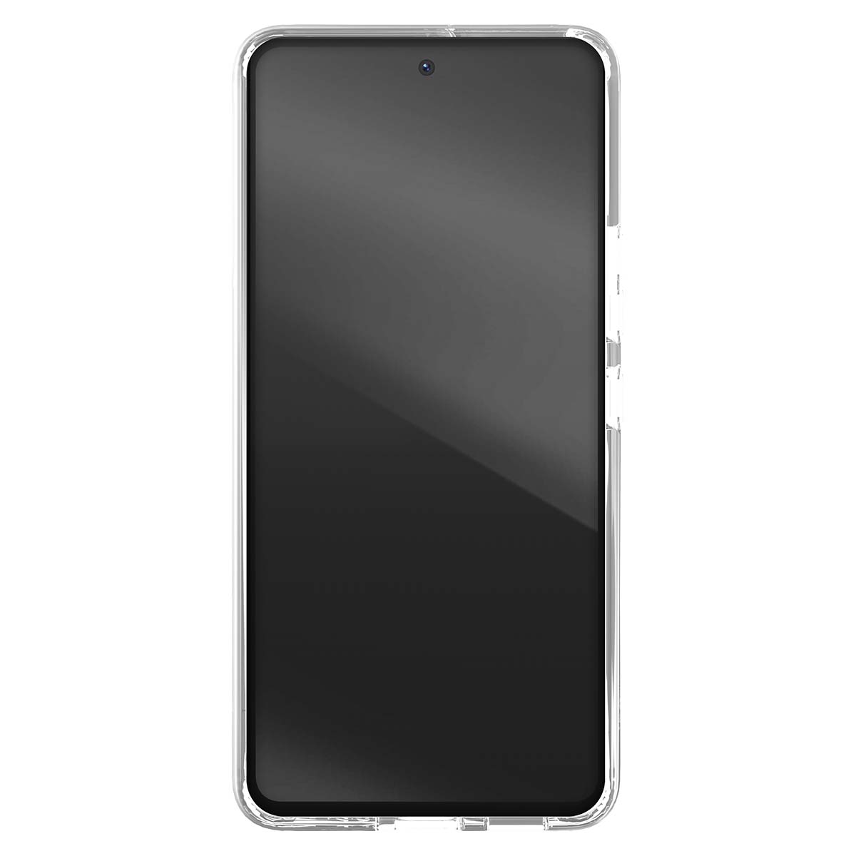 Uno smartphone trasparente con schermo nero e fotocamera frontale in alto.