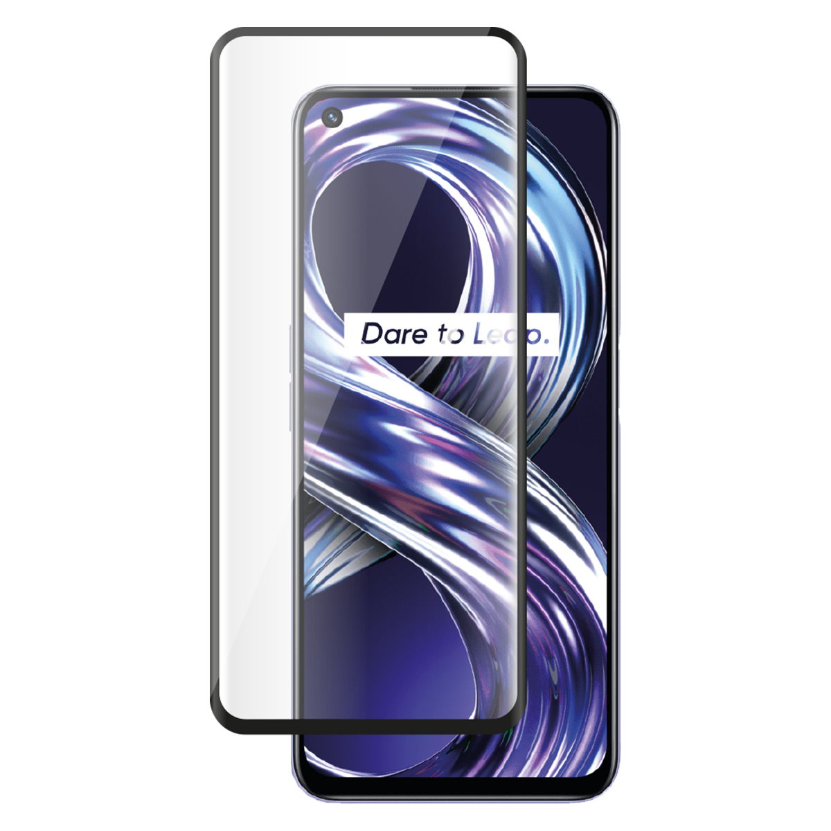 Een smartphone met schermprotector, met paarse en blauwe golven op het scherm.