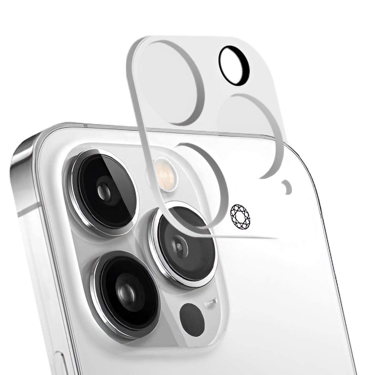 Een transparante screenprotector voor de camera aan de achterkant van een witte smartphone.