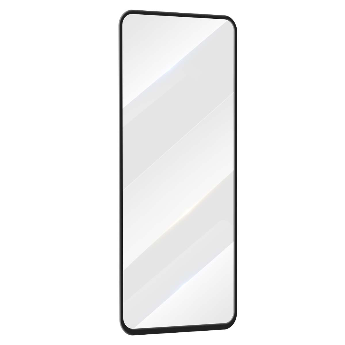 Een zwarte rand, heldere screenprotector met schuine lichtreflecties.